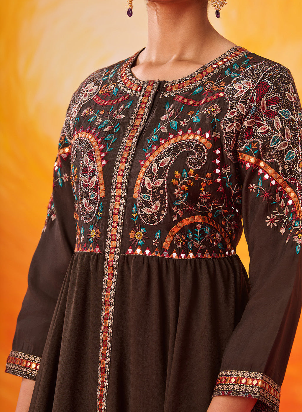 Vaara Nazma Dark Brown Embroidered Georgette Anarkali Suit Set with Dupatta