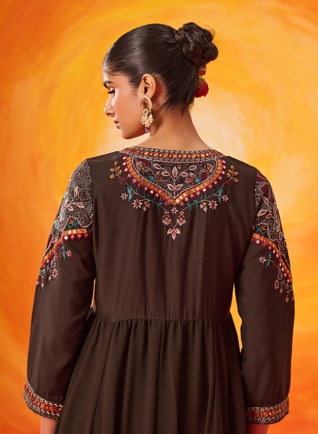 Vaara Nazma Dark Brown Embroidered Georgette Anarkali Suit Set with Dupatta