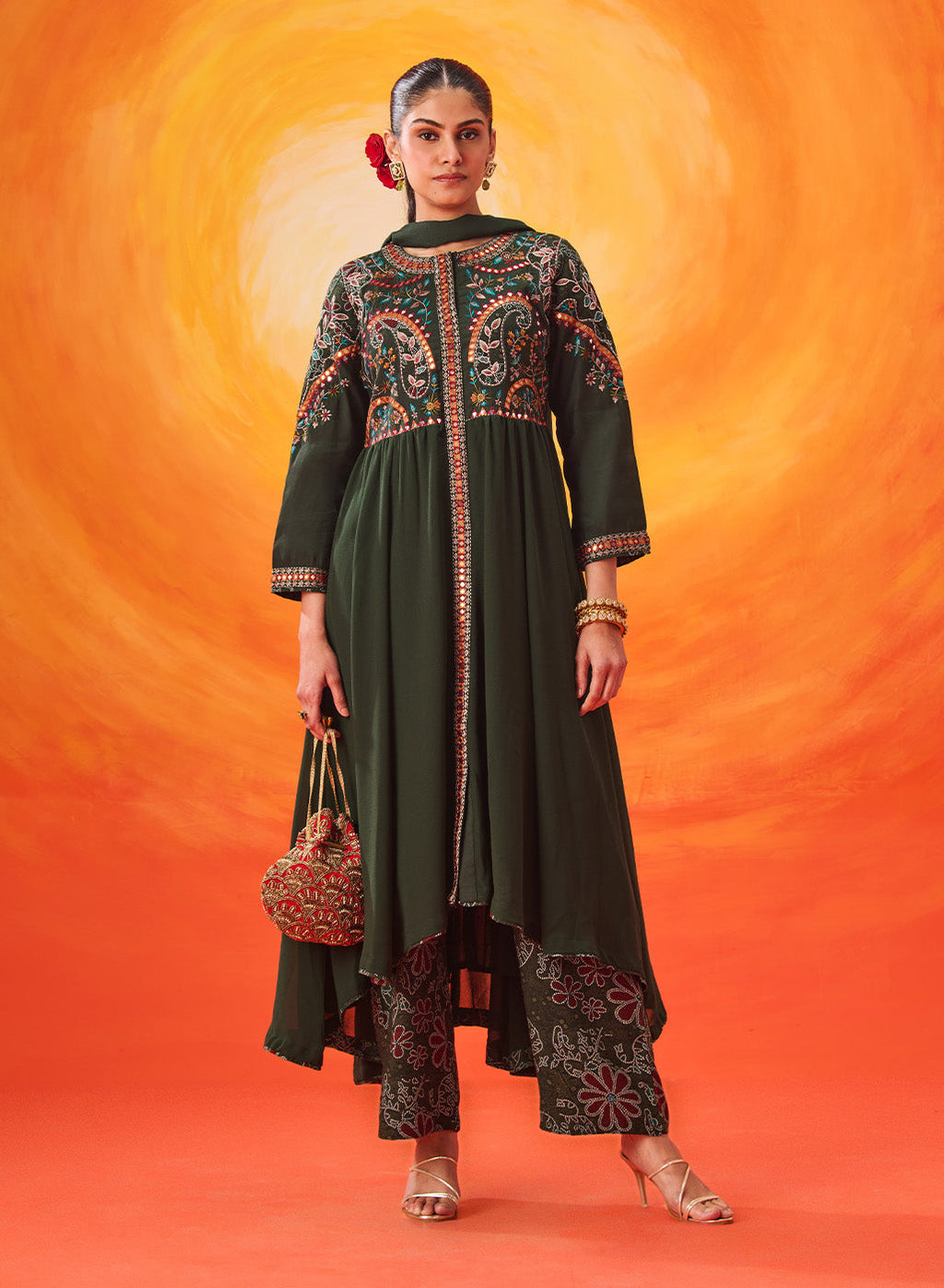 Vaara Nazma Emerald Green Embroidered Georgette Anarkali Suit Set with Dupatta