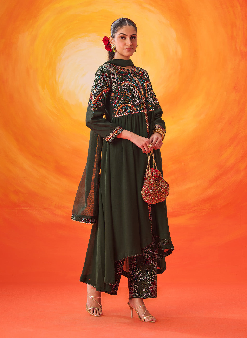 Vaara Nazma Emerald Green Embroidered Georgette Anarkali Suit Set with Dupatta