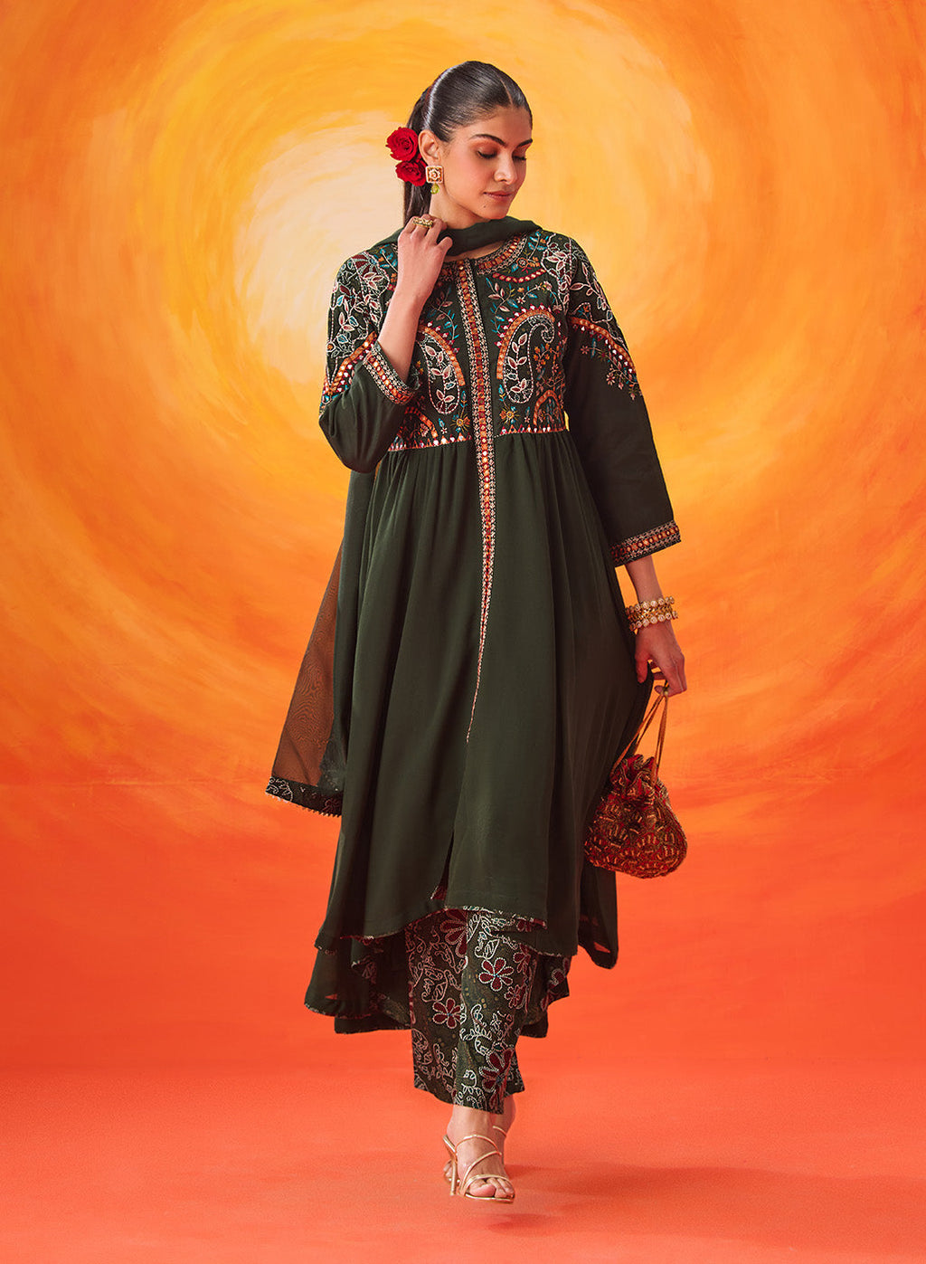 Vaara Nazma Emerald Green Embroidered Georgette Anarkali Suit Set with Dupatta