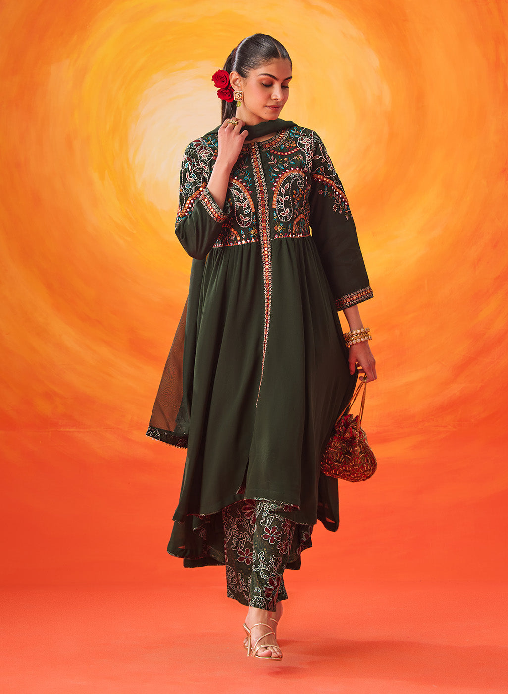 Vaara Nazma Emerald Green Embroidered Georgette Anarkali Suit Set with Dupatta