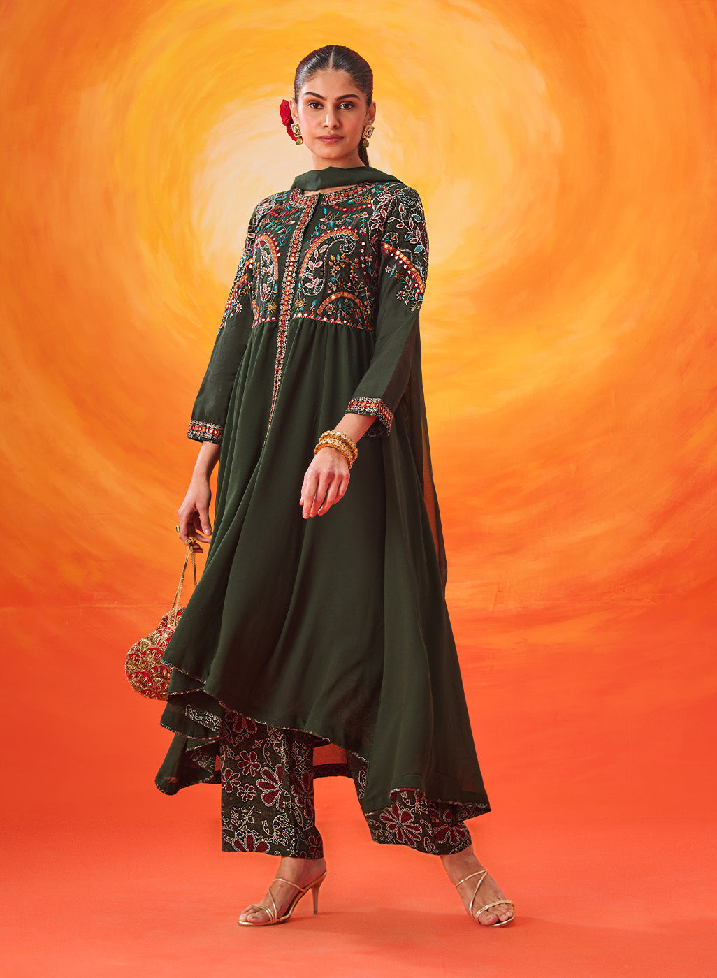 Vaara Nazma Emerald Green Embroidered Georgette Anarkali Suit Set with Dupatta