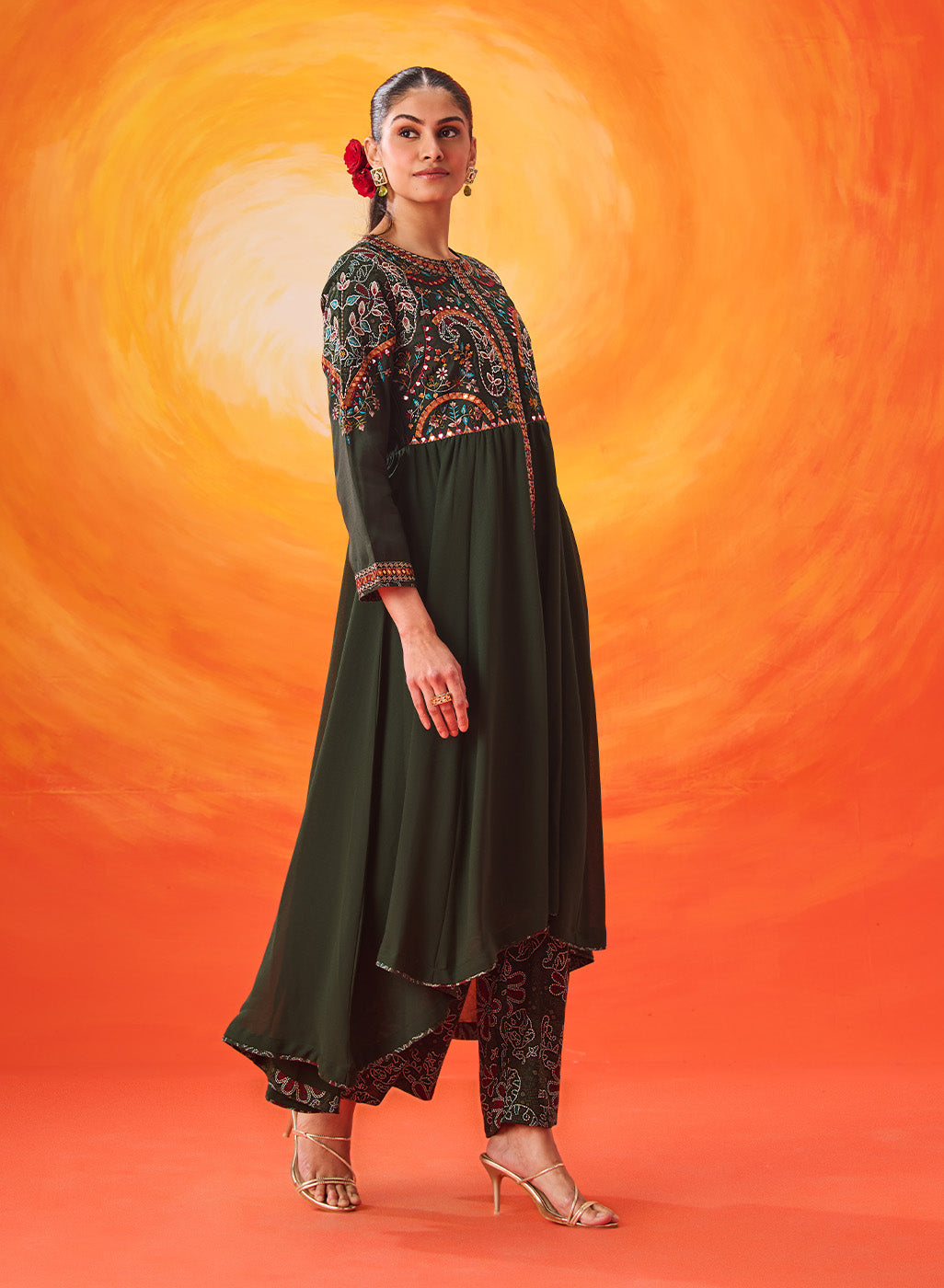 Vaara Nazma Emerald Green Embroidered Georgette Anarkali Suit Set with Dupatta