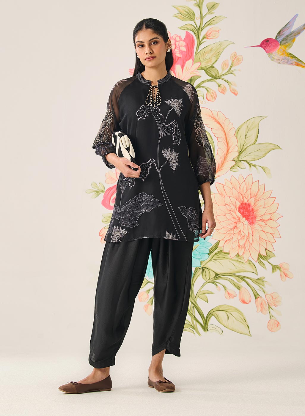 Citra Black Organza Floral Printed Top