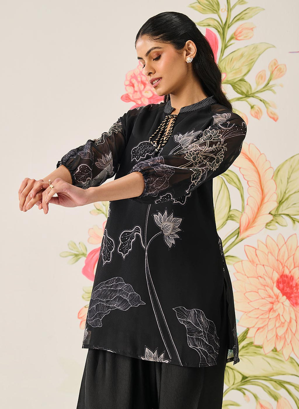 Citra Black Organza Floral Printed Top
