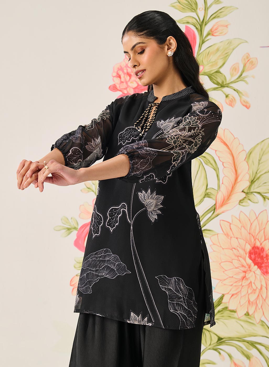 Citra Black Organza Floral Printed Top