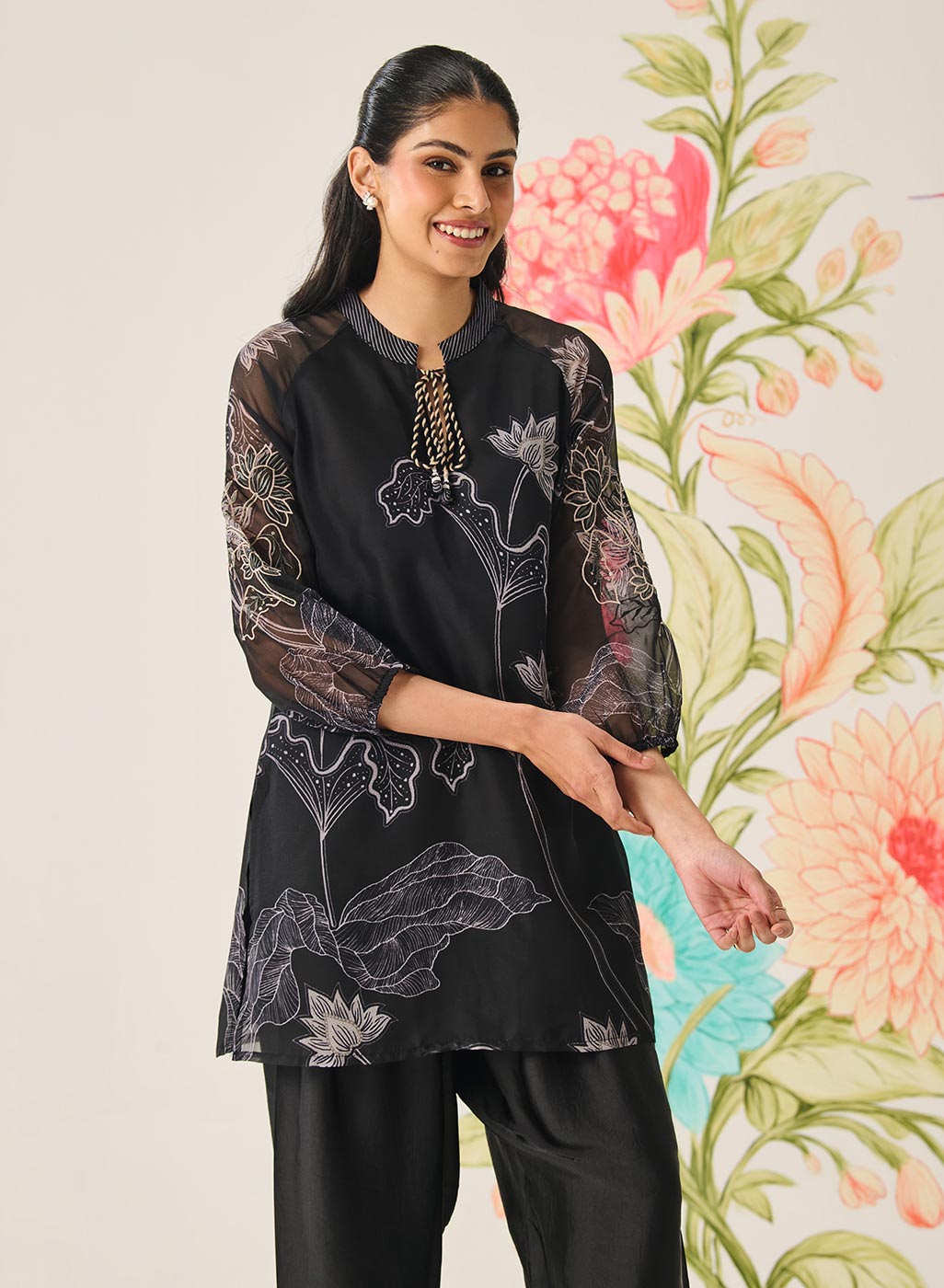Citra Black Organza Floral Printed Top