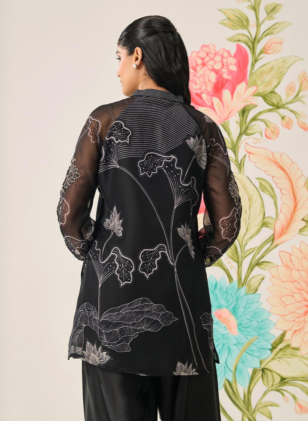 Citra Black Organza Floral Printed Top