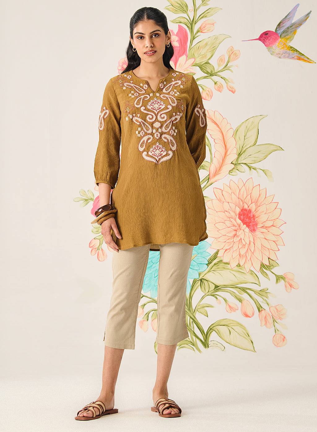 Shaya Olive Cotton Blend Embroidered Top