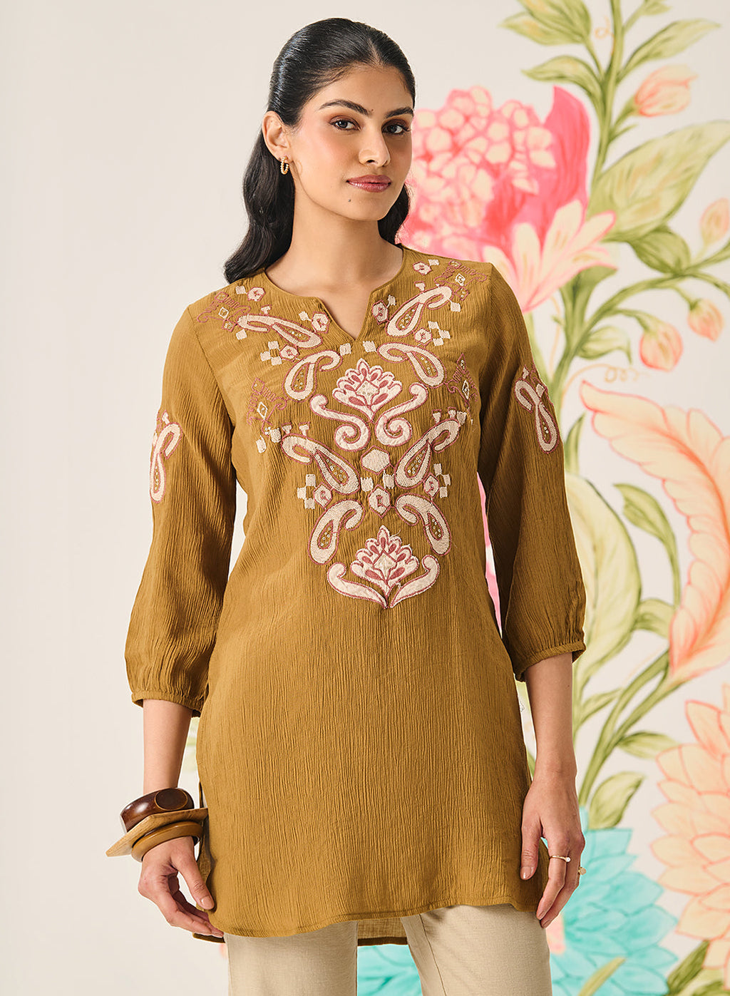 Shaya Olive Cotton Blend Embroidered Top