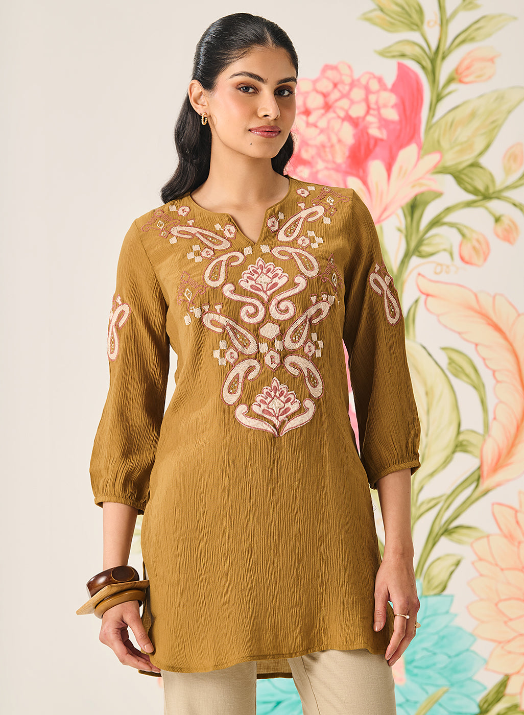 Shaya Olive Cotton Blend Embroidered Top