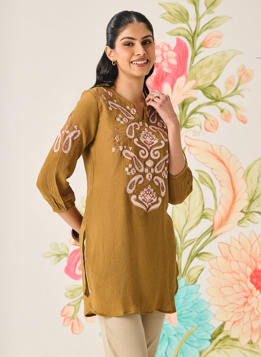 Shaya Olive Cotton Blend Embroidered Top