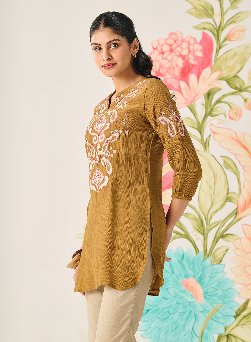 Shaya Olive Cotton Blend Embroidered Top