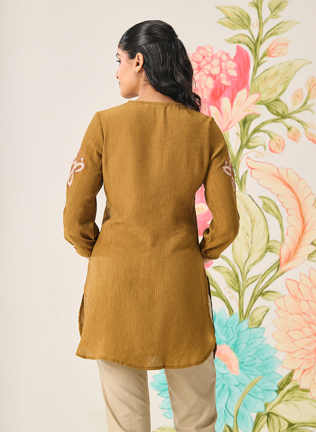 Shaya Olive Cotton Blend Embroidered Top