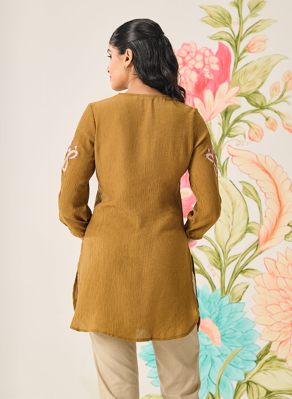 Shaya Olive Cotton Blend Embroidered Top