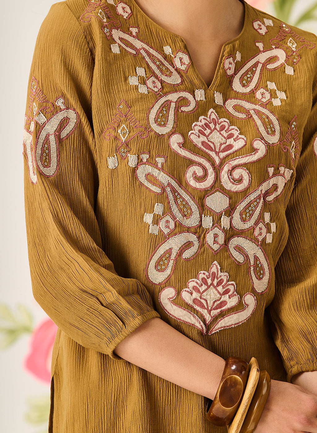 Shaya Olive Cotton Blend Embroidered Top