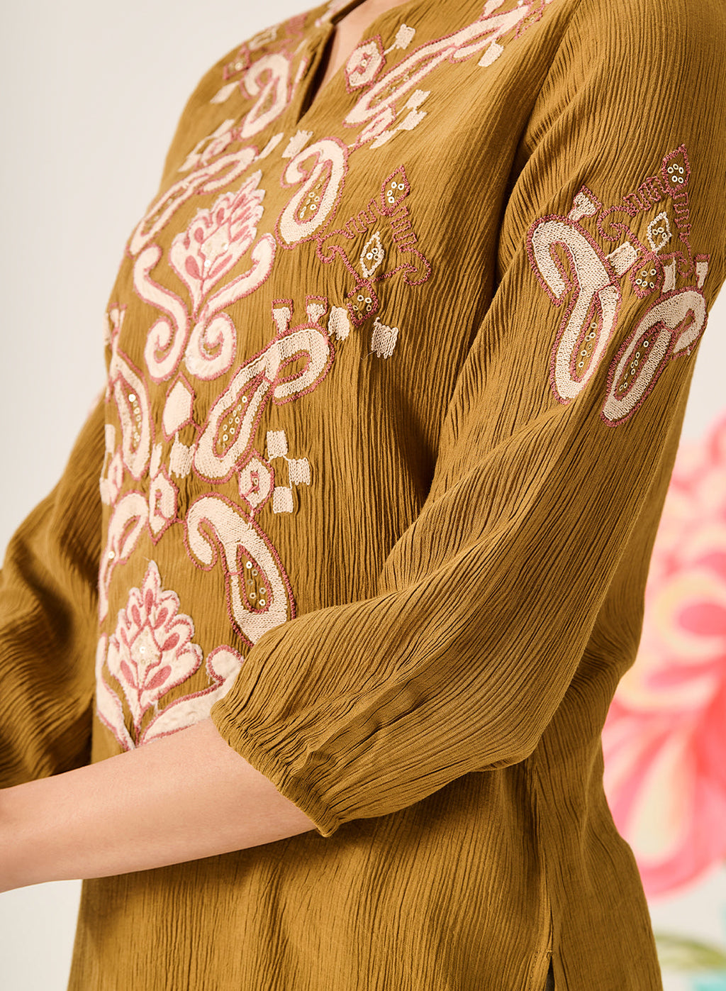 Shaya Olive Cotton Blend Embroidered Top