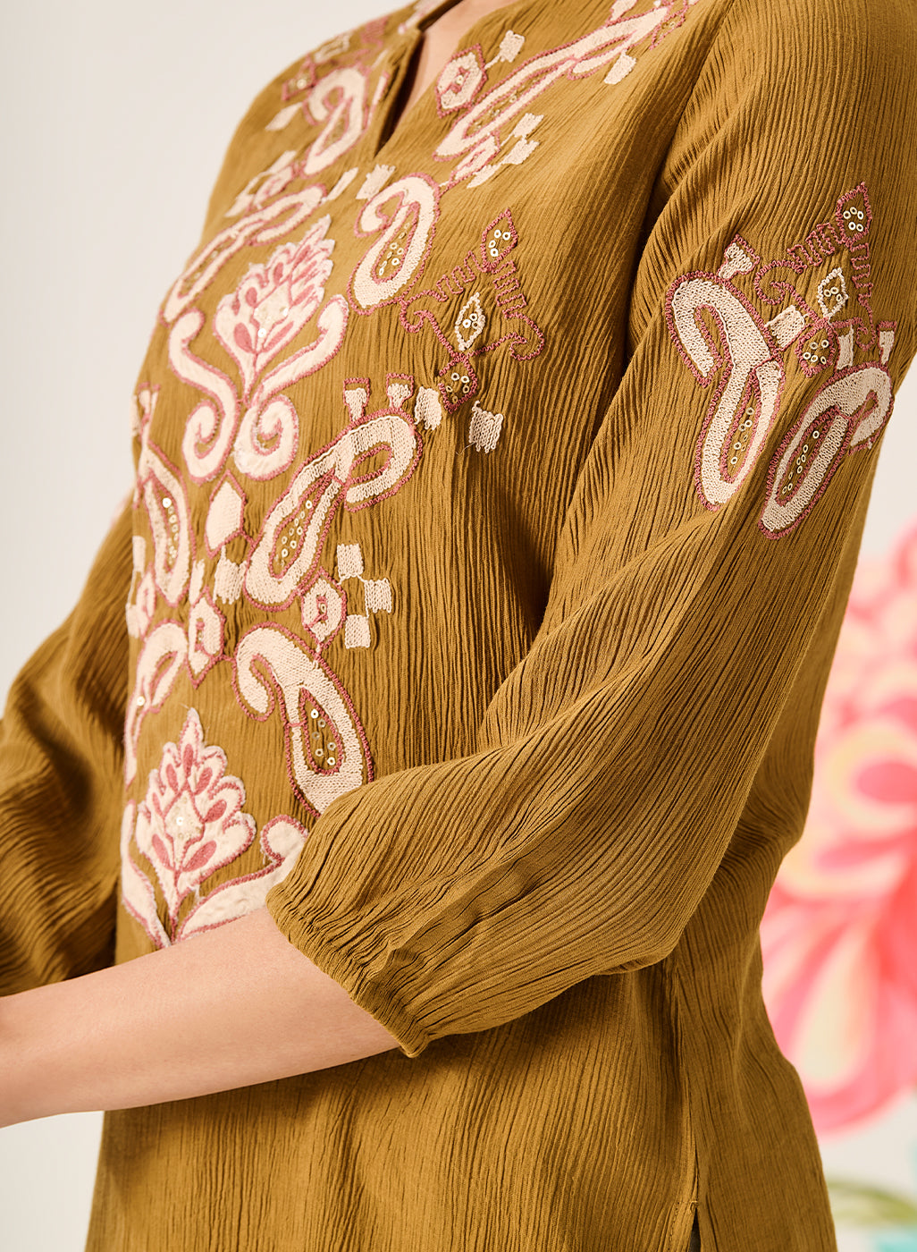 Shaya Olive Cotton Blend Embroidered Top