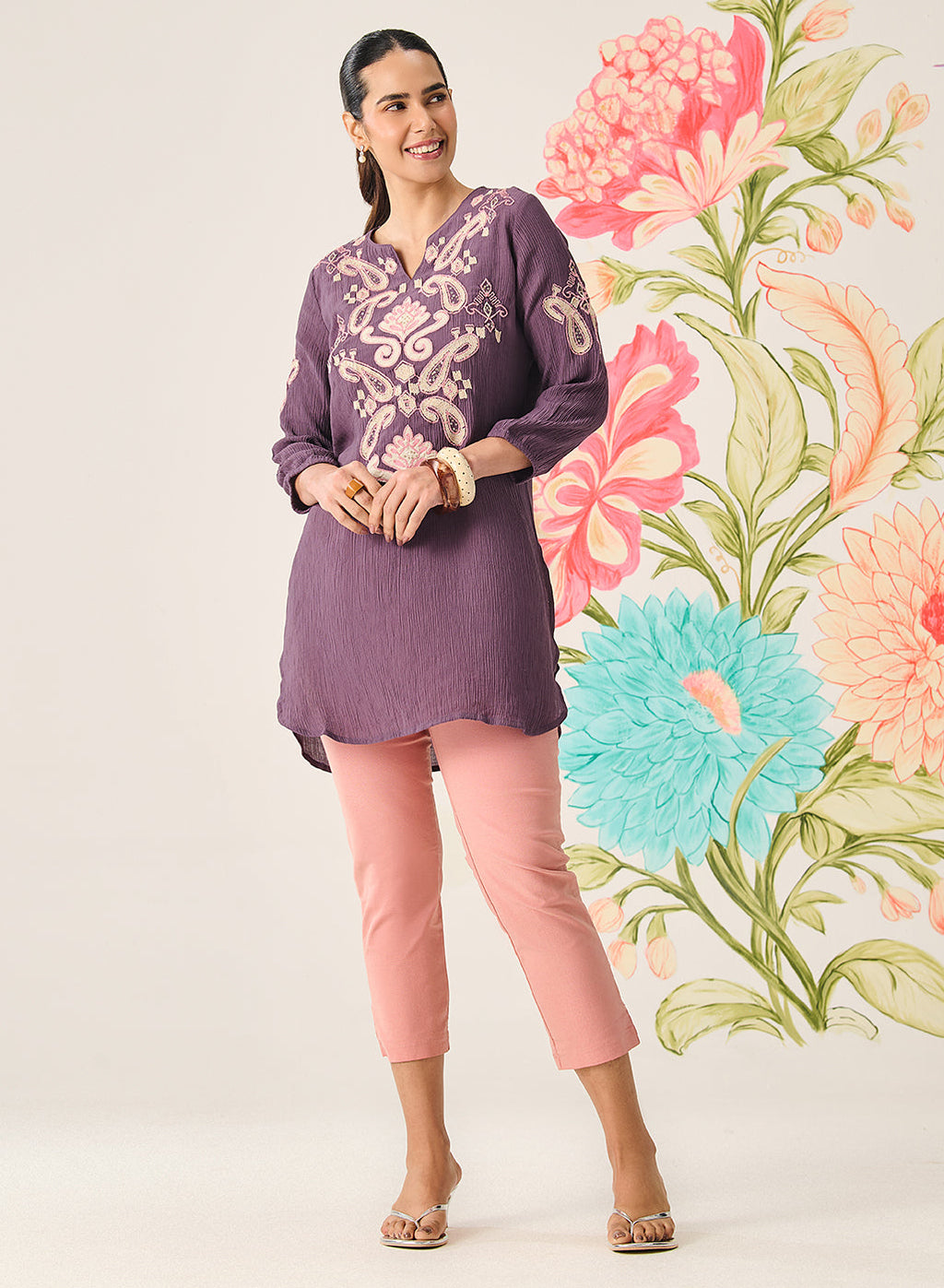 Shaya Purple Cotton Blend Embroidered Top