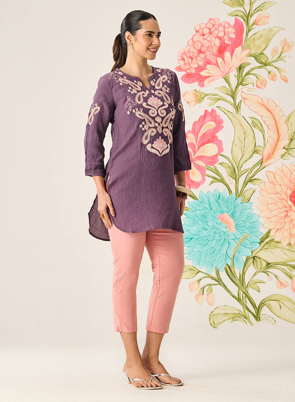 Shaya Purple Cotton Blend Embroidered Top