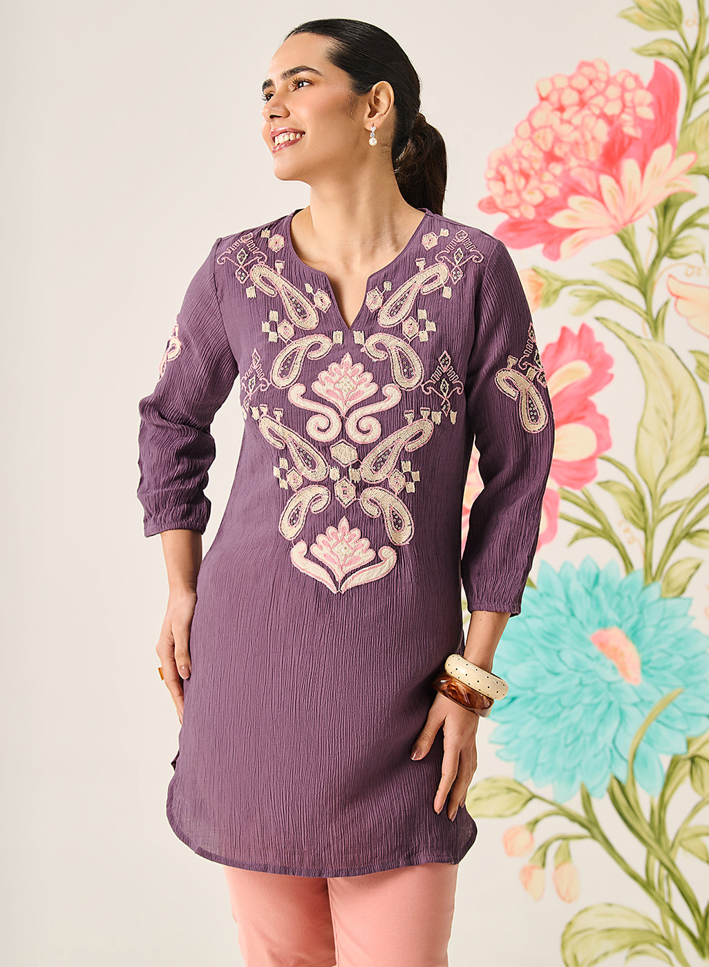 Shaya Purple Cotton Blend Embroidered Top