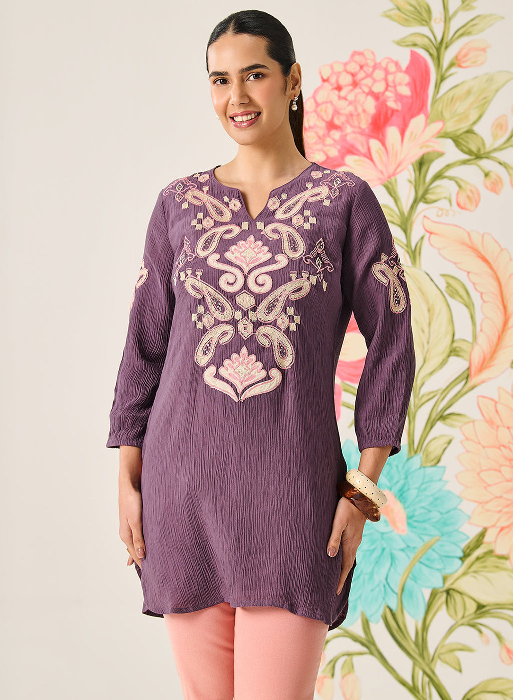 Shaya Purple Cotton Blend Embroidered Top