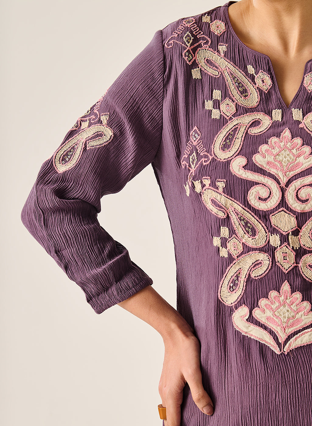 Shaya Purple Cotton Blend Embroidered Top