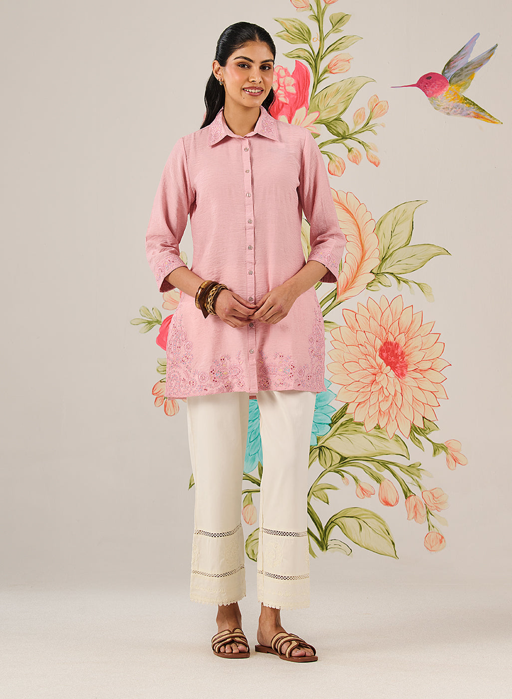 Heli Pink Embroidered Linen Shirt