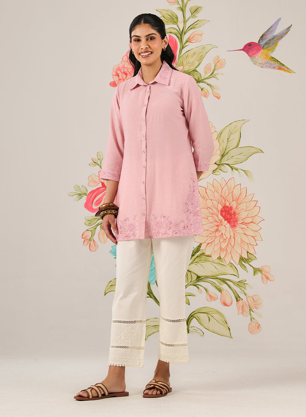 Heli Pink Embroidered Linen Shirt