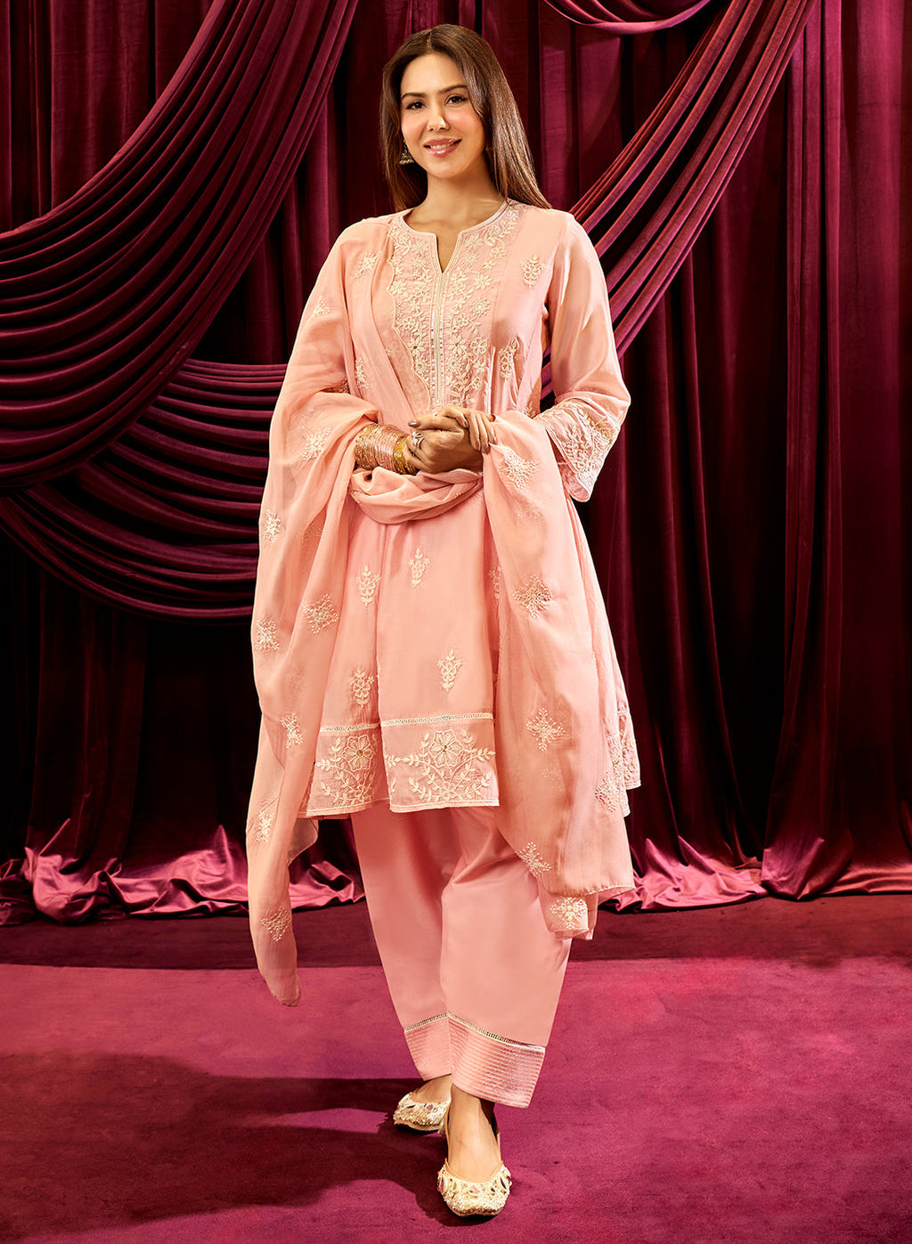 Baby Pink Embroidered Chanderi A-Line Suit Set