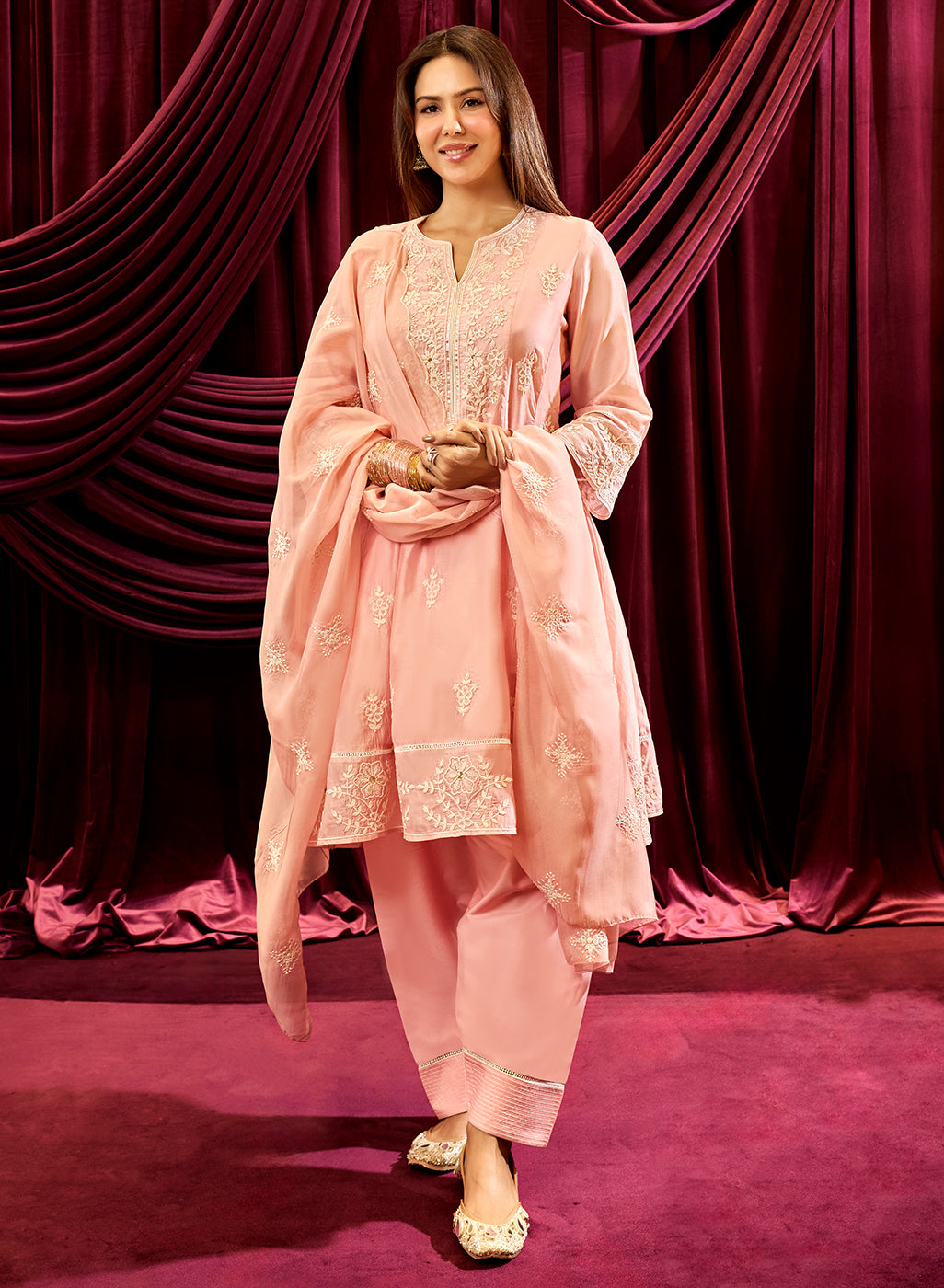 Baby Pink Embroidered Chanderi A-Line Suit Set