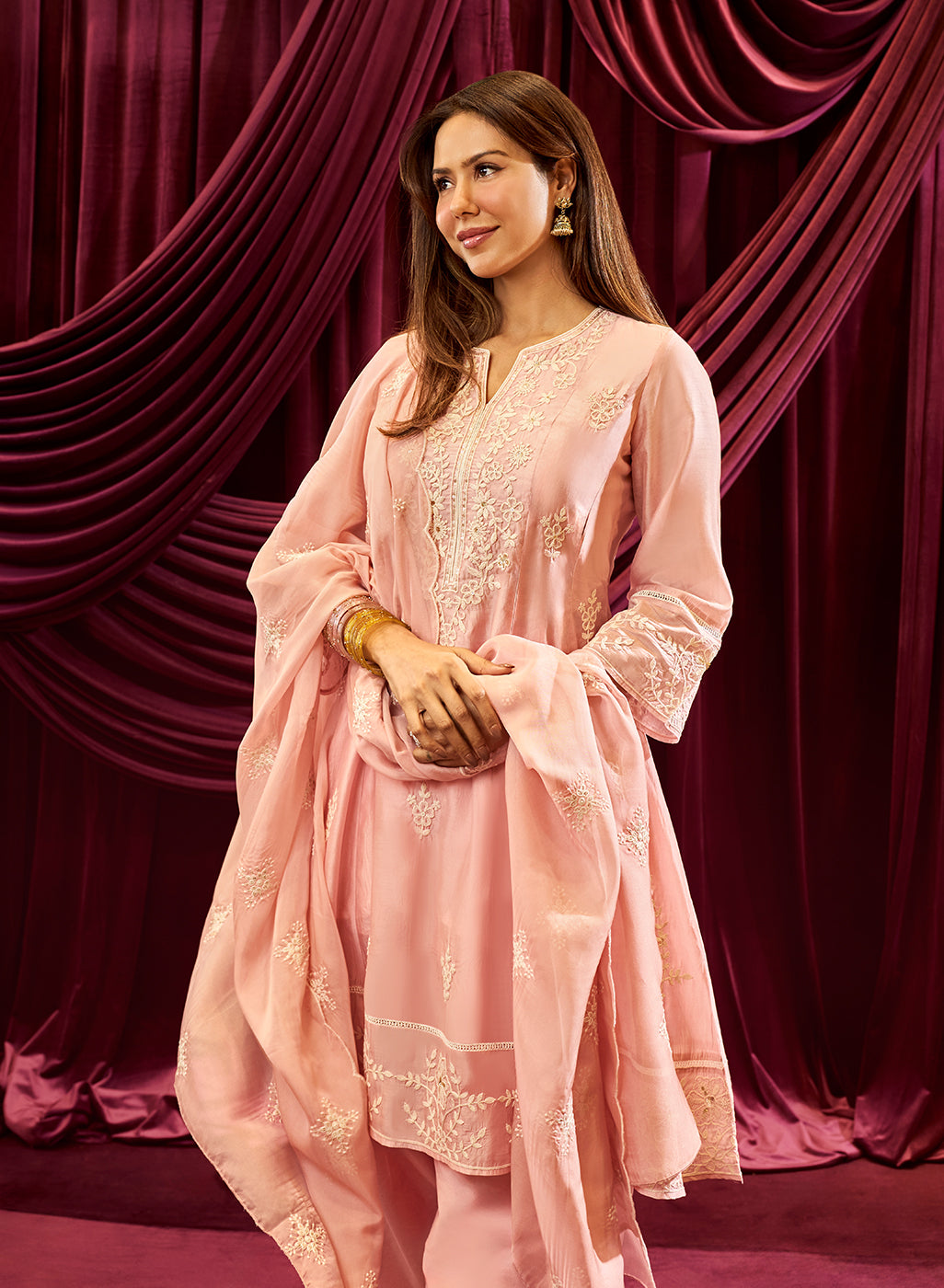 Baby Pink Embroidered Chanderi A-Line Suit Set