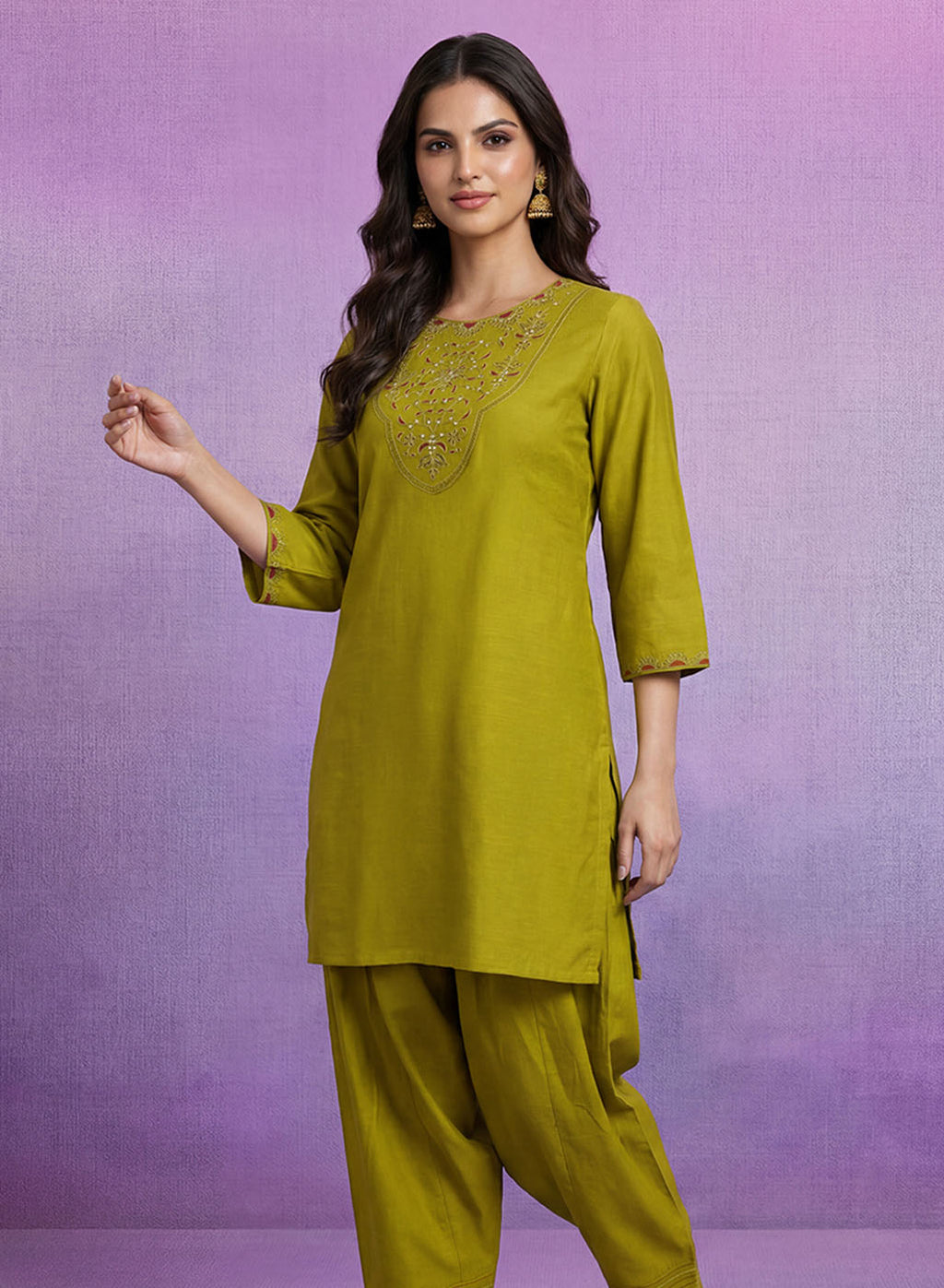 Green Embroidered Cotton blend Kurta Set