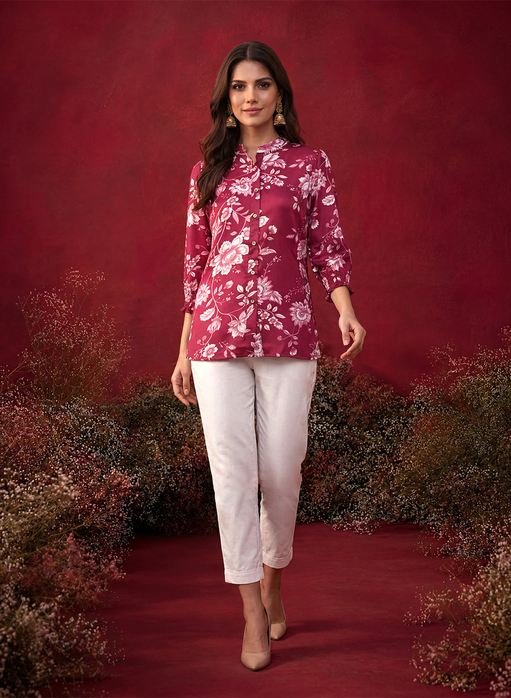 Fuchsia All Over Printed Satin Shirt