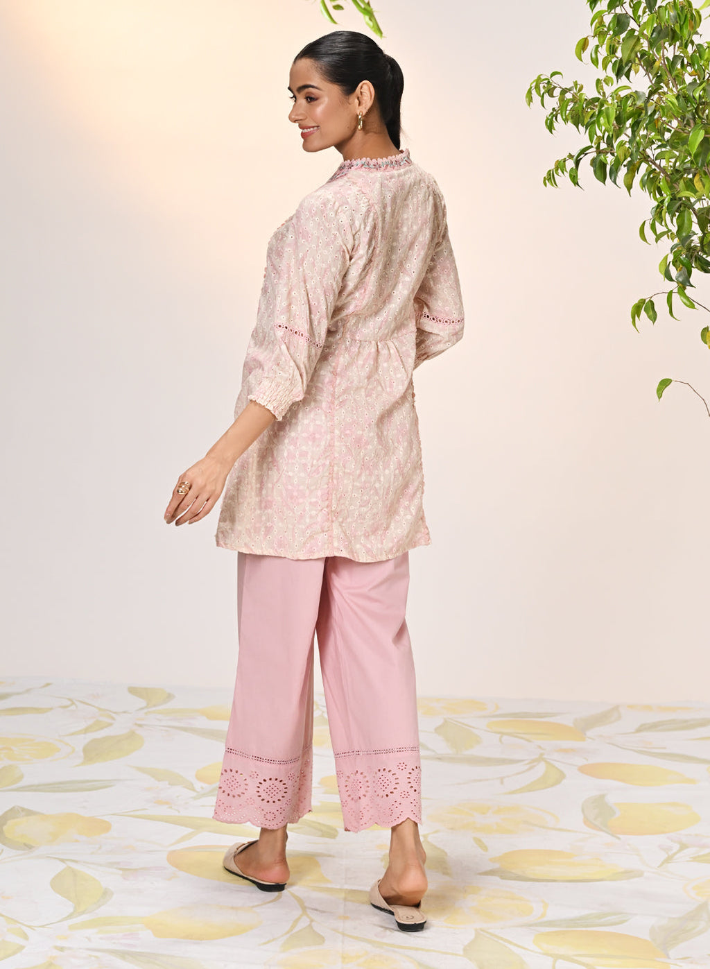 Yumna Pink Embroidered Schiffli Kurti for Women