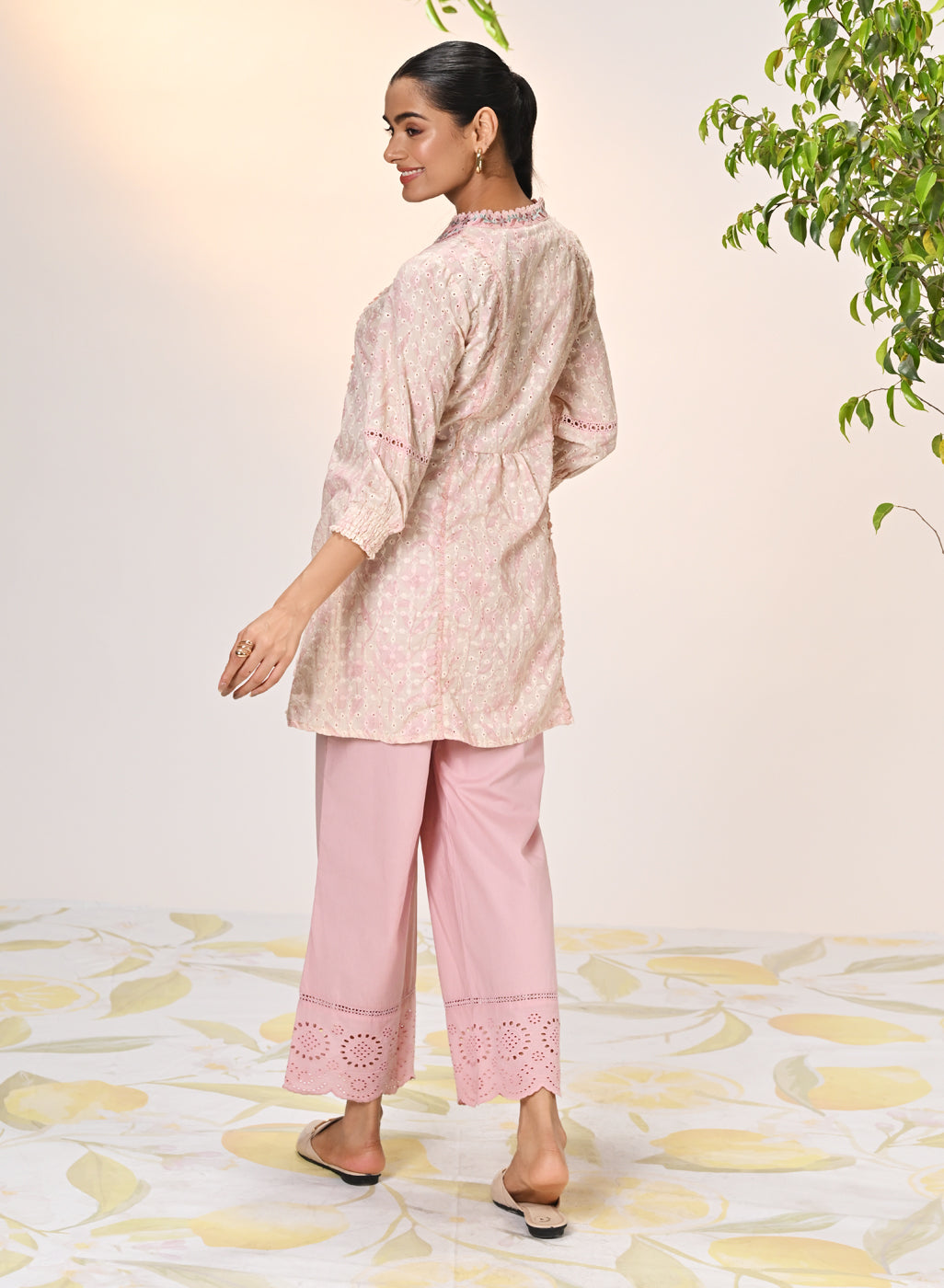 Yumna Pink Embroidered Schiffli Kurti for Women