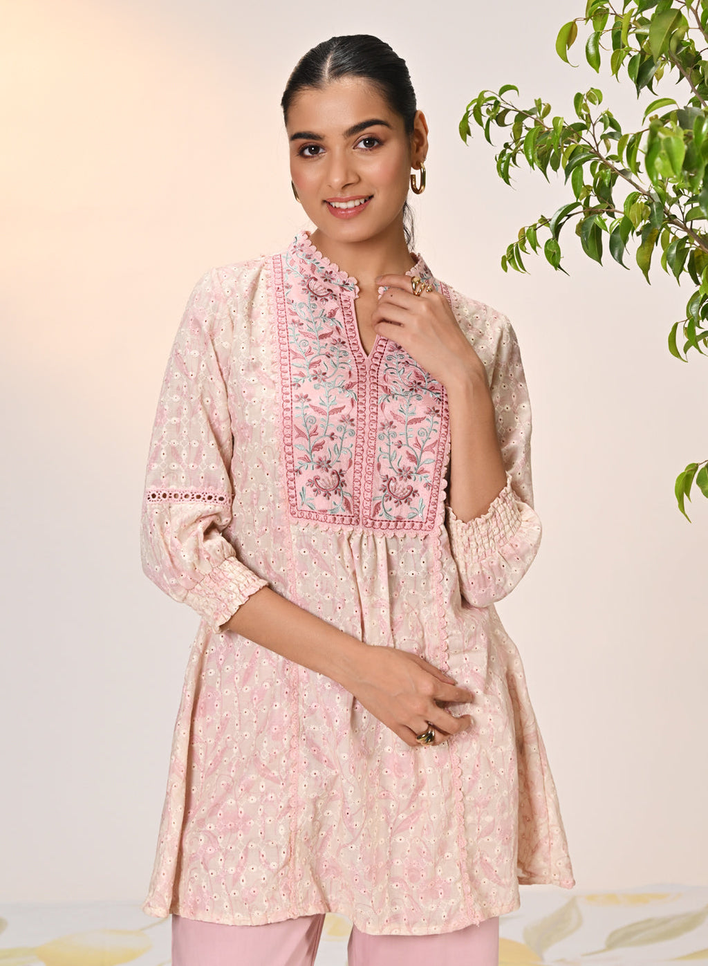 Yumna Pink Embroidered Schiffli Kurti for Women