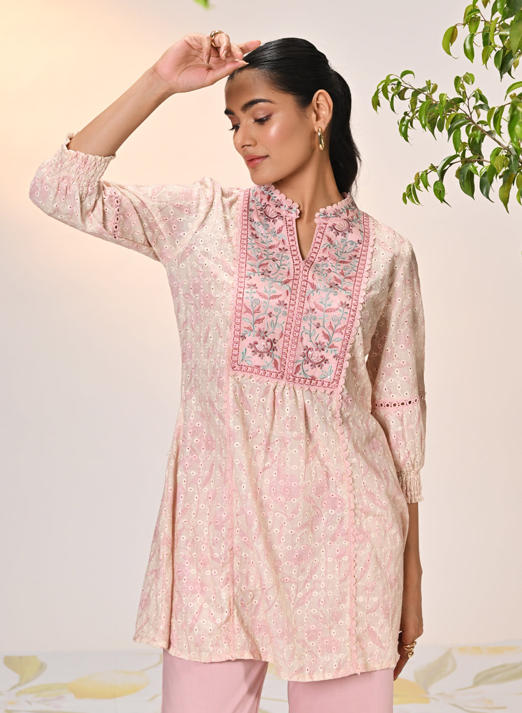 Yumna Pink Embroidered Schiffli Kurti for Women