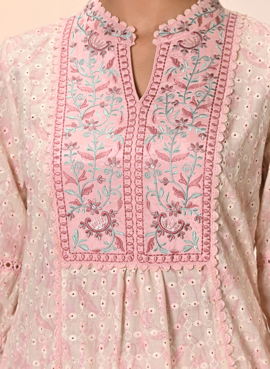 Yumna Pink Embroidered Schiffli Kurti for Women