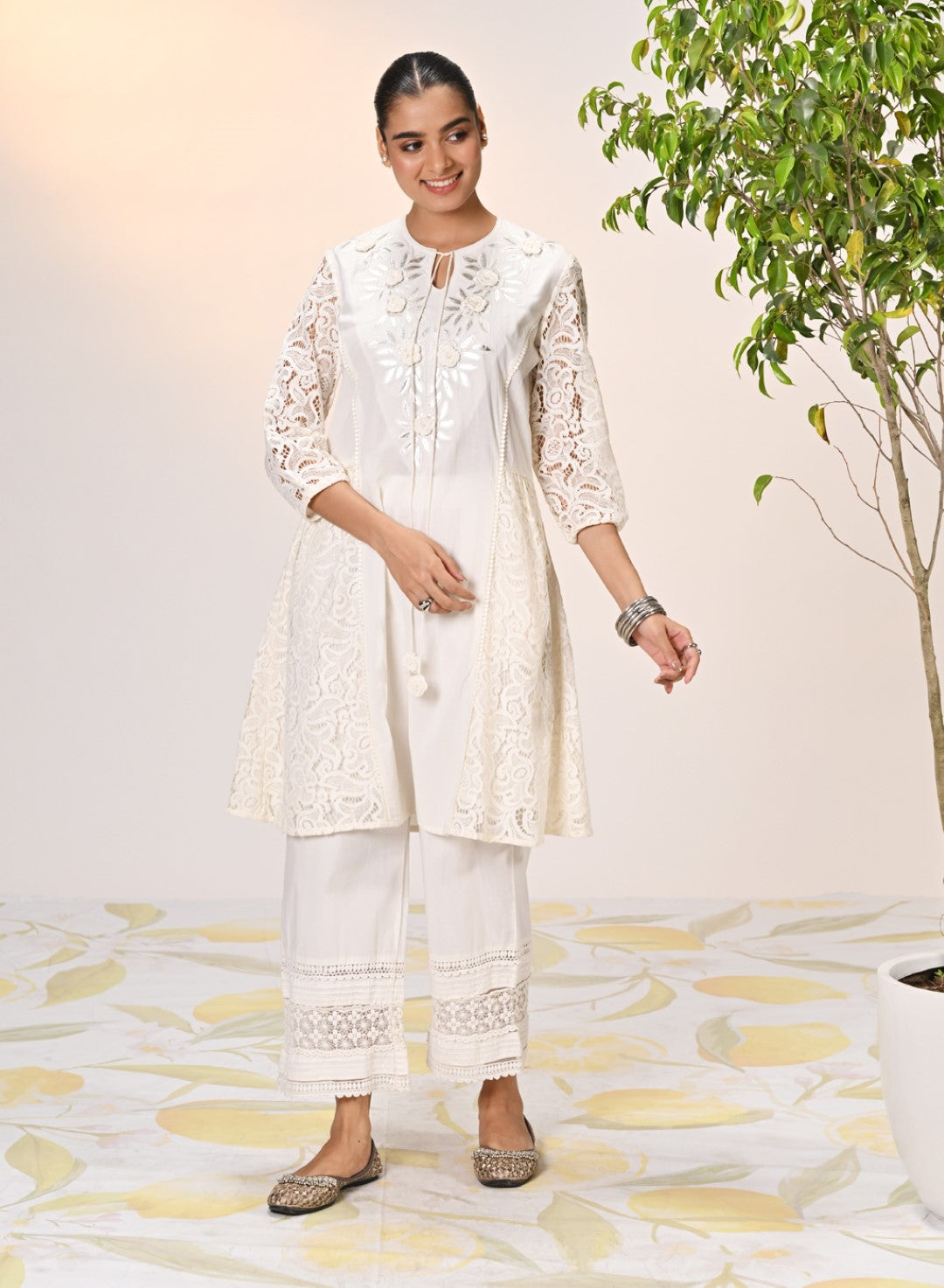 Inaara Ivory Embroidered Raschel Net Dress for Women