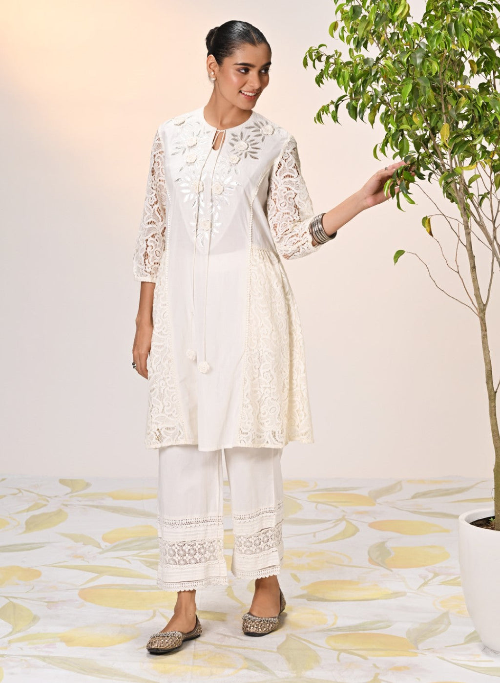Inaara Ivory Embroidered Raschel Net Dress for Women
