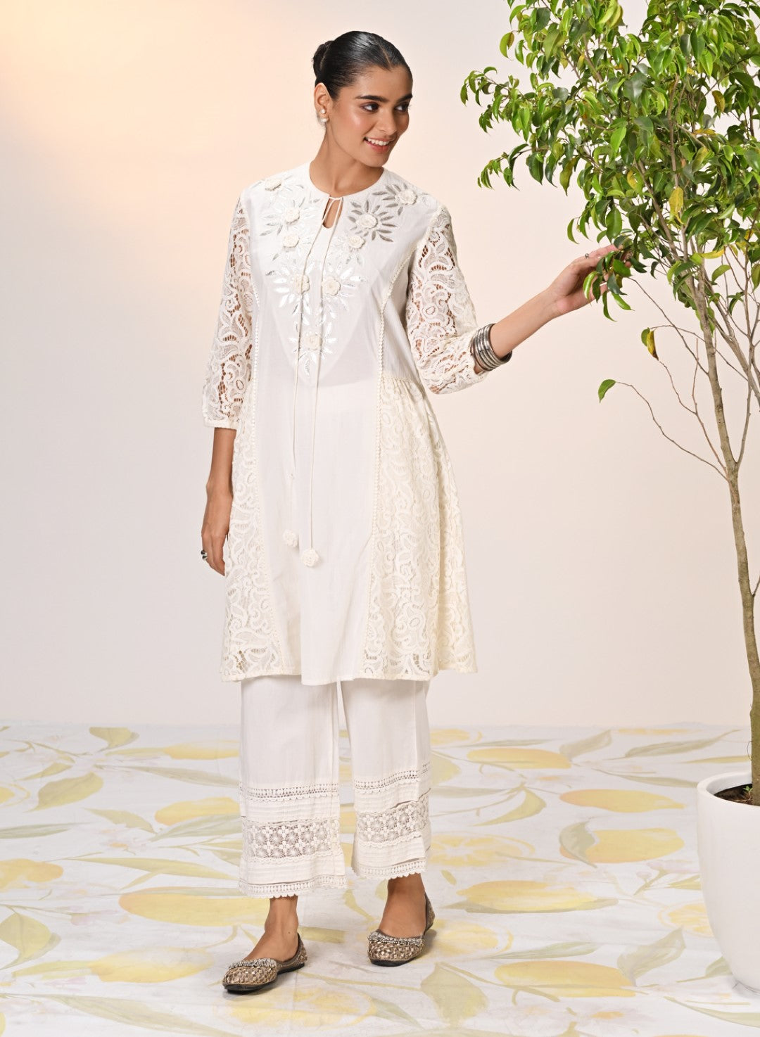 Inaara Ivory Embroidered Raschel Net Dress for Women