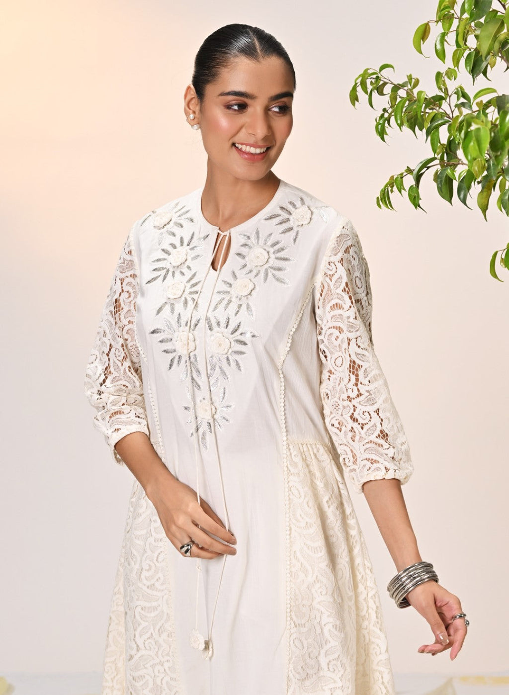 Inaara Ivory Embroidered Raschel Net Dress for Women