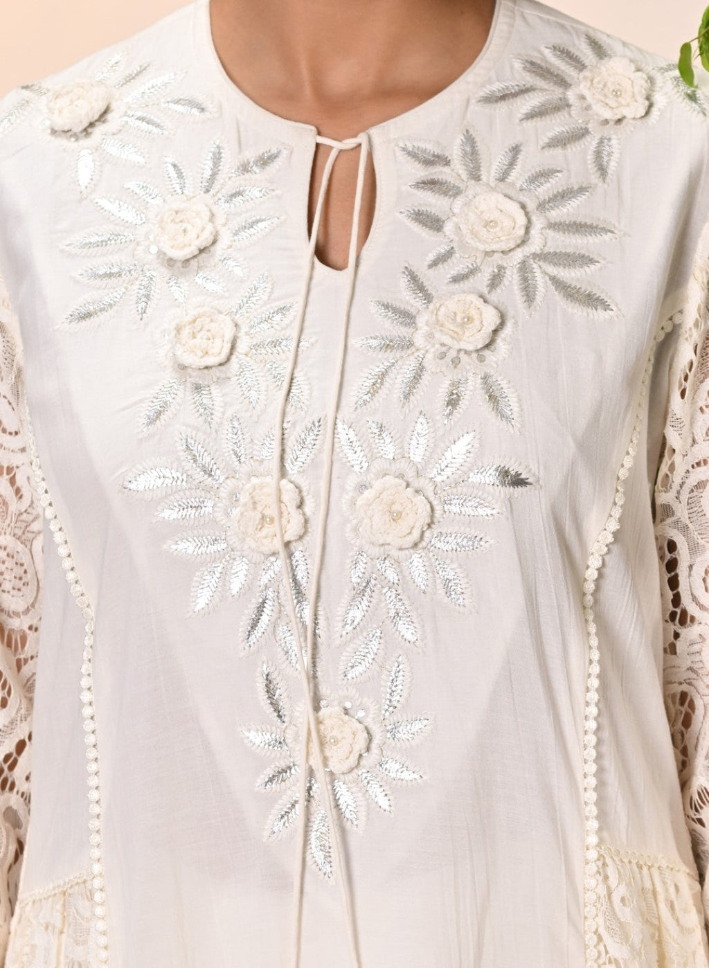 Inaara Ivory Embroidered Raschel Net Dress for Women