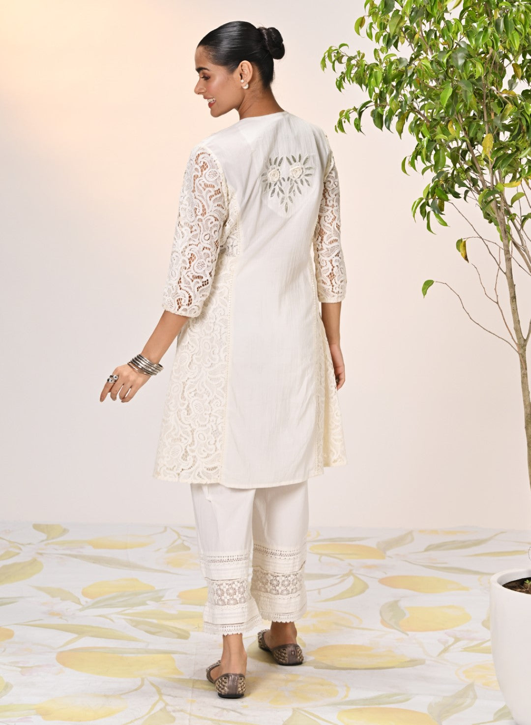 Inaara Ivory Embroidered Raschel Net Dress for Women