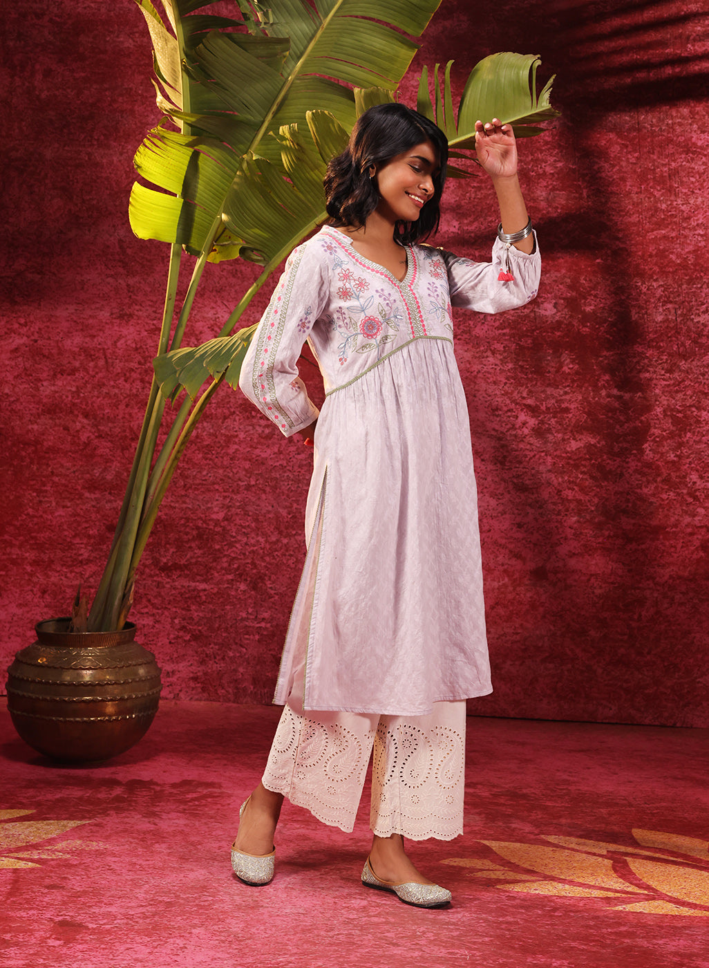 Rose Bud Lavender Embroidered Cotton Jacquard Designer Kurta for Women