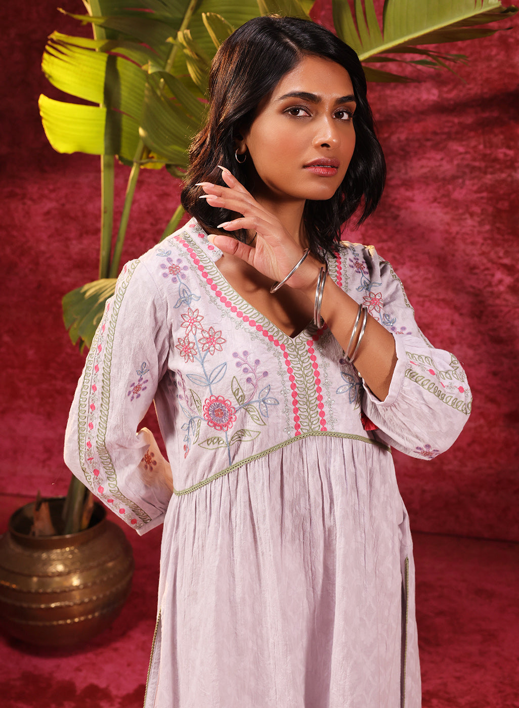 Rose Bud Lavender Embroidered Cotton Jacquard Designer Kurta for Women