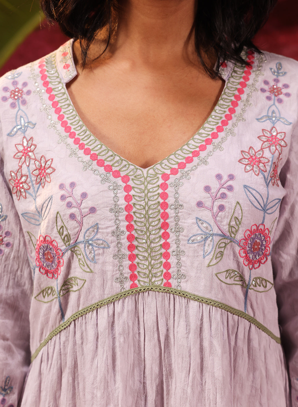 Rose Bud Lavender Embroidered Cotton Jacquard Designer Kurta for Women
