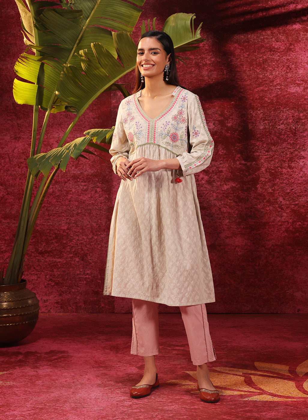 Rose Bud Green Embroidered Cotton Jacquard Designer Kurta for Women